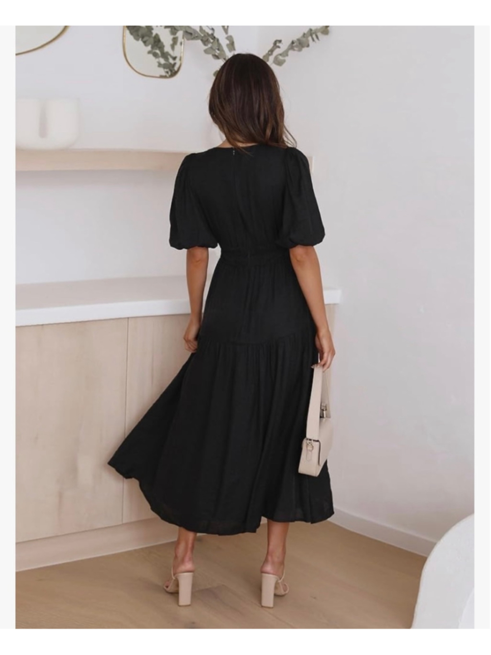 NEW Short Puffy Sleeve V Neck A-Line Flowy Wrap Wedding Guest Lined Dress S - Picture 7 of 11